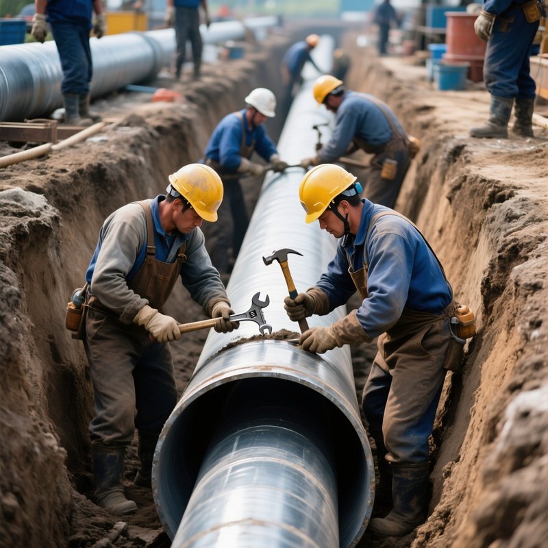 Workers Laying Drainage Pipes Underground