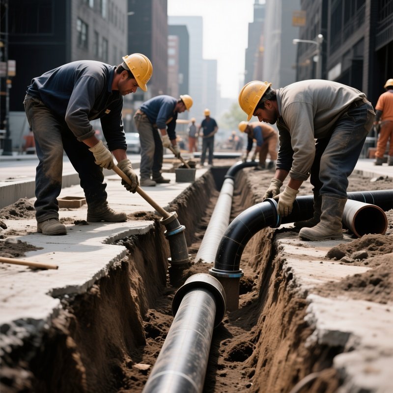 Workers Laying Drainage Pipes Underground
