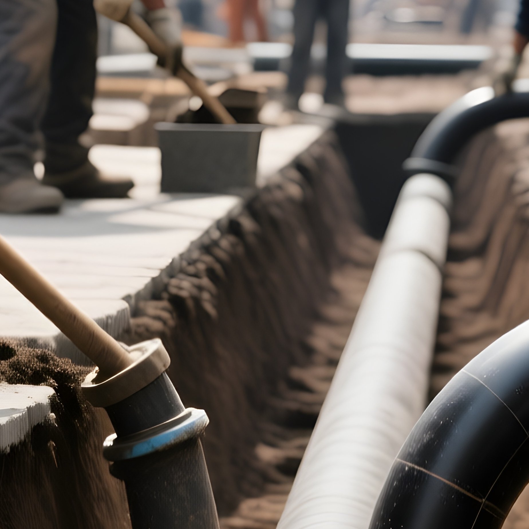 Workers Laying Drainage Pipes Underground - Full Resolution Quality Preview