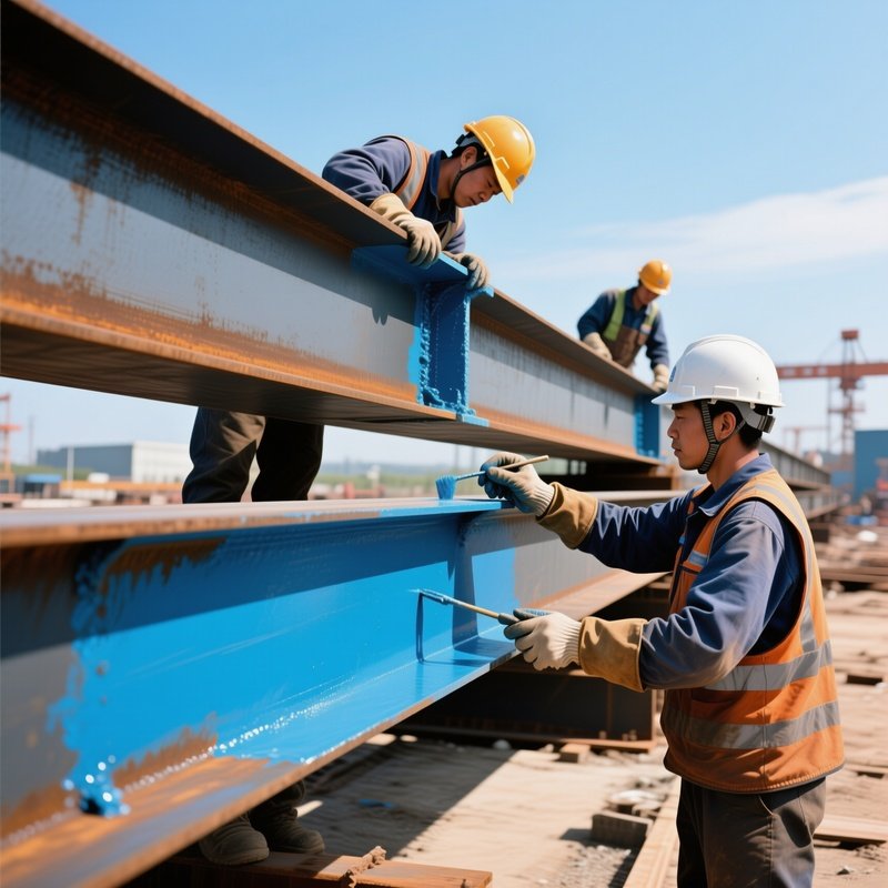 Workers Painting Steel Beams With Protective Coating