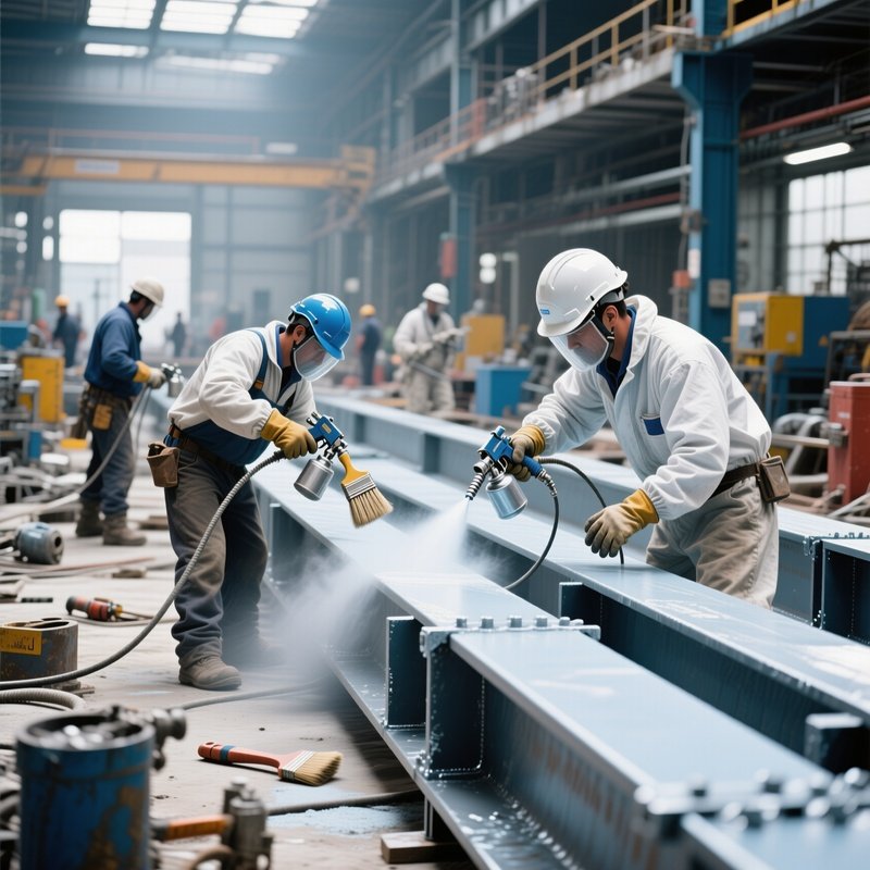 Workers Painting Steel Beams With Protective Coating