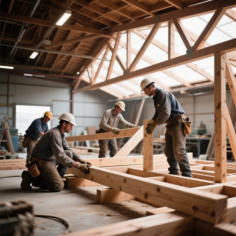 Workers Securing Wooden Beams Inside Roof Frame