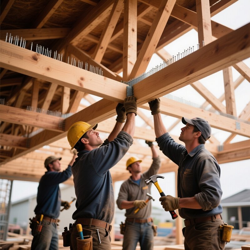 Workers Securing Wooden Beams Roof Frame