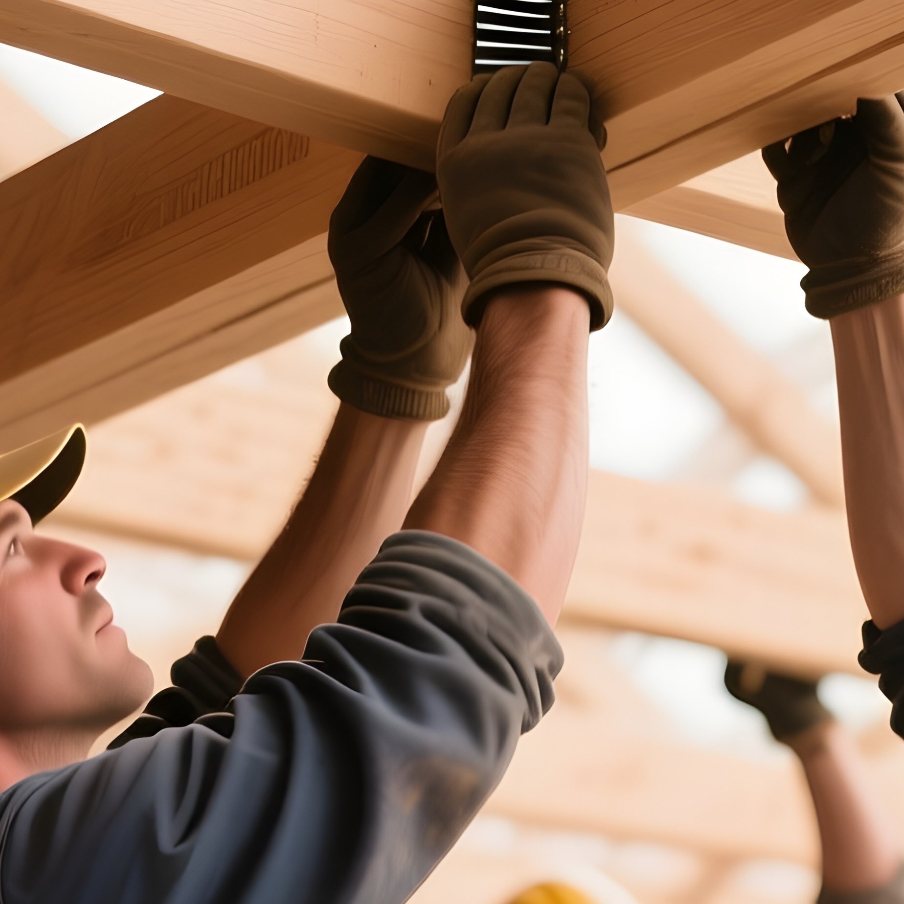Workers Securing Wooden Beams Roof Frame - Full Resolution Quality Preview