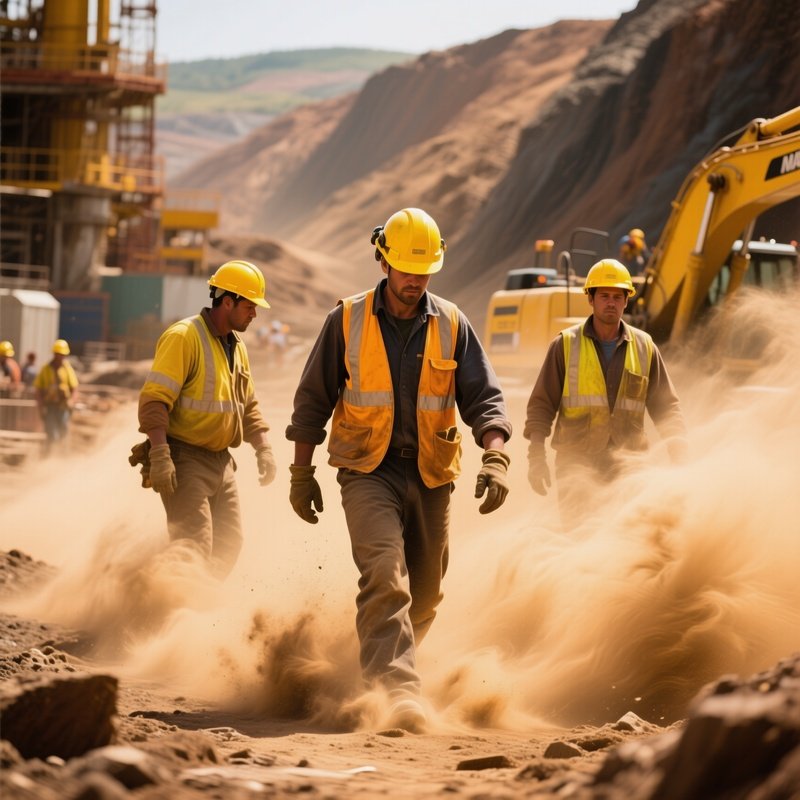 Workers Walking Through Dust