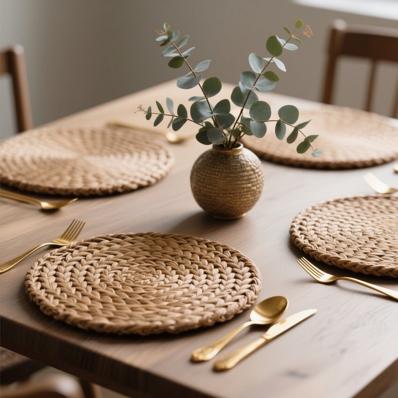 Woven Placemats: Close Up Of A Dining Table Surface Featuring Woven Placemats, Gold Cutlery, And A Centerpiece Of Eucalyptus Branches.
