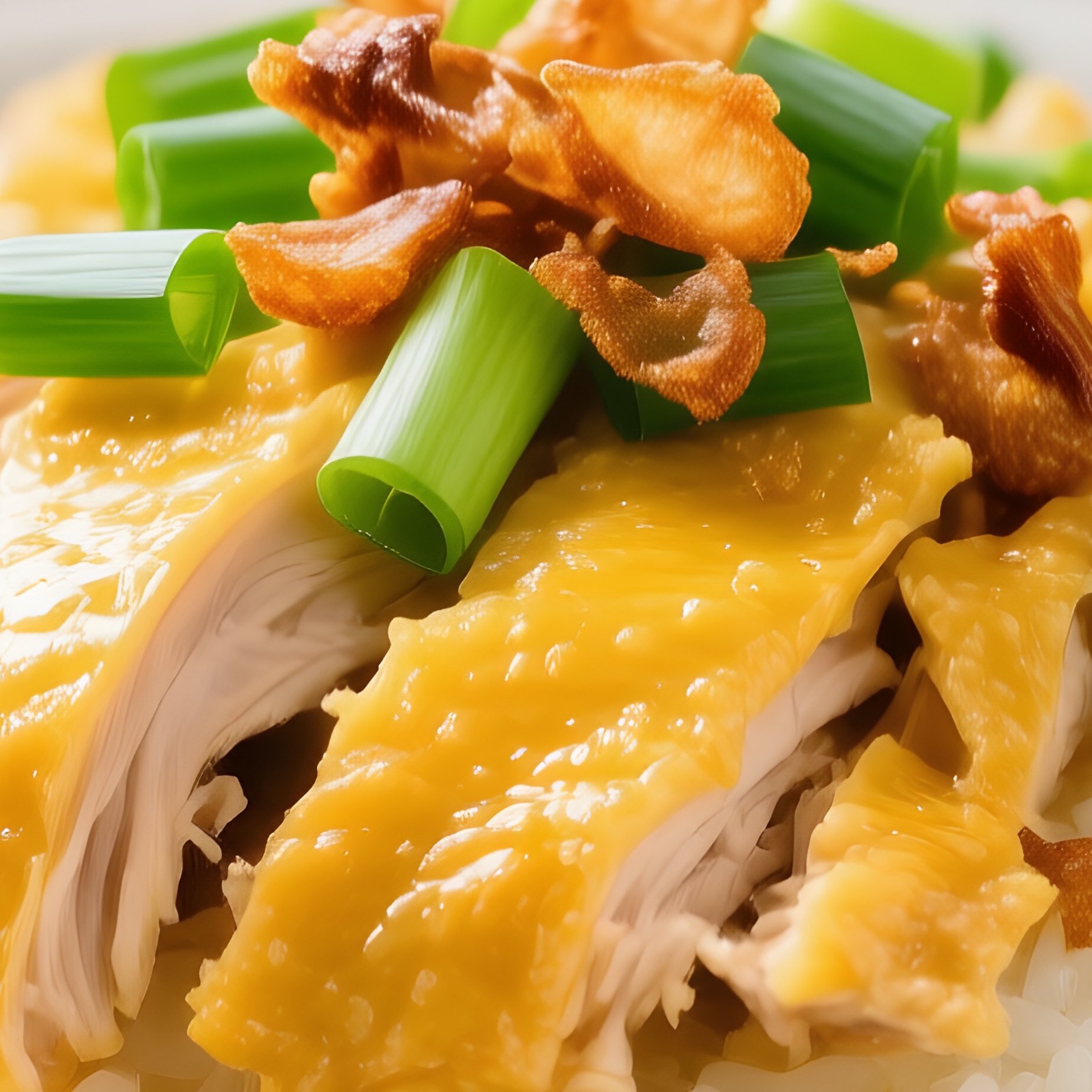 Xoi Ga Sticky Rice Topped With Shredded Chicken Scallions And Fried Shallots - Full Resolution Quality Preview