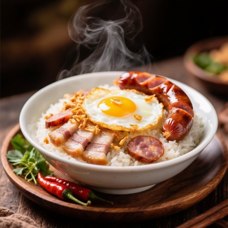 Xoi Mam Savory Sticky Rice With Pork Chinese Sausage Egg And Fried Shallots