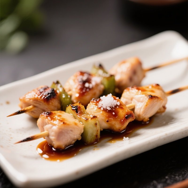 Yakitori Skewers Of Grilled Chicken Seasoned With Tare Sauce Or Salt