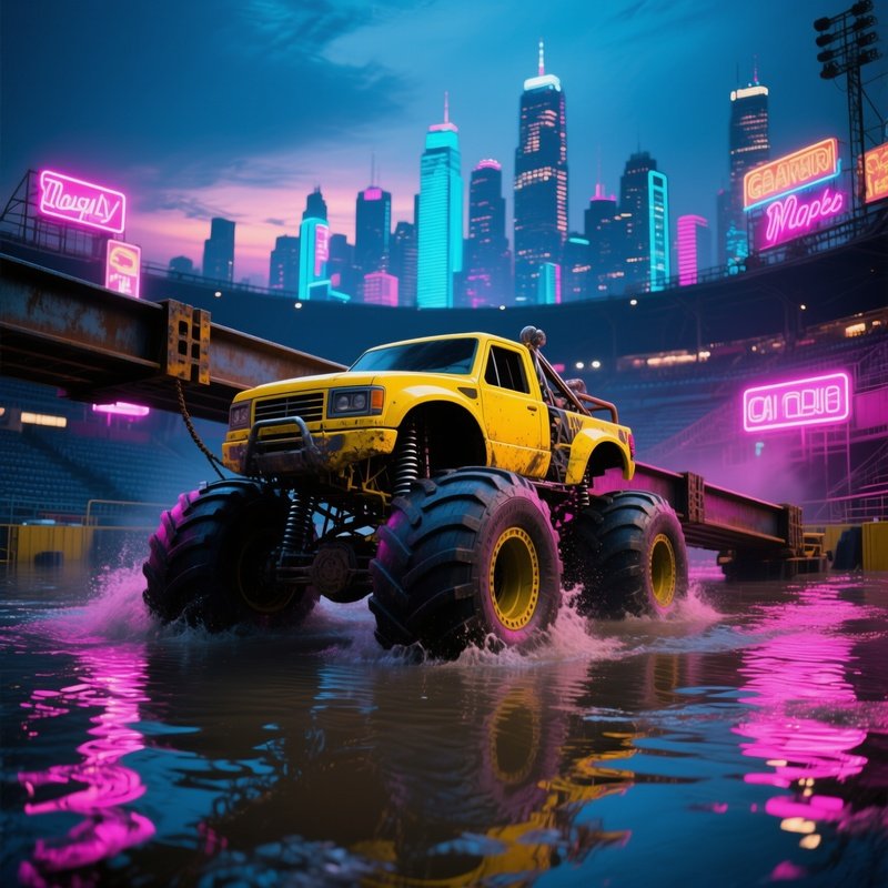 Yellow Monster Truck Dragging Steel Beams Across Flooded Arena