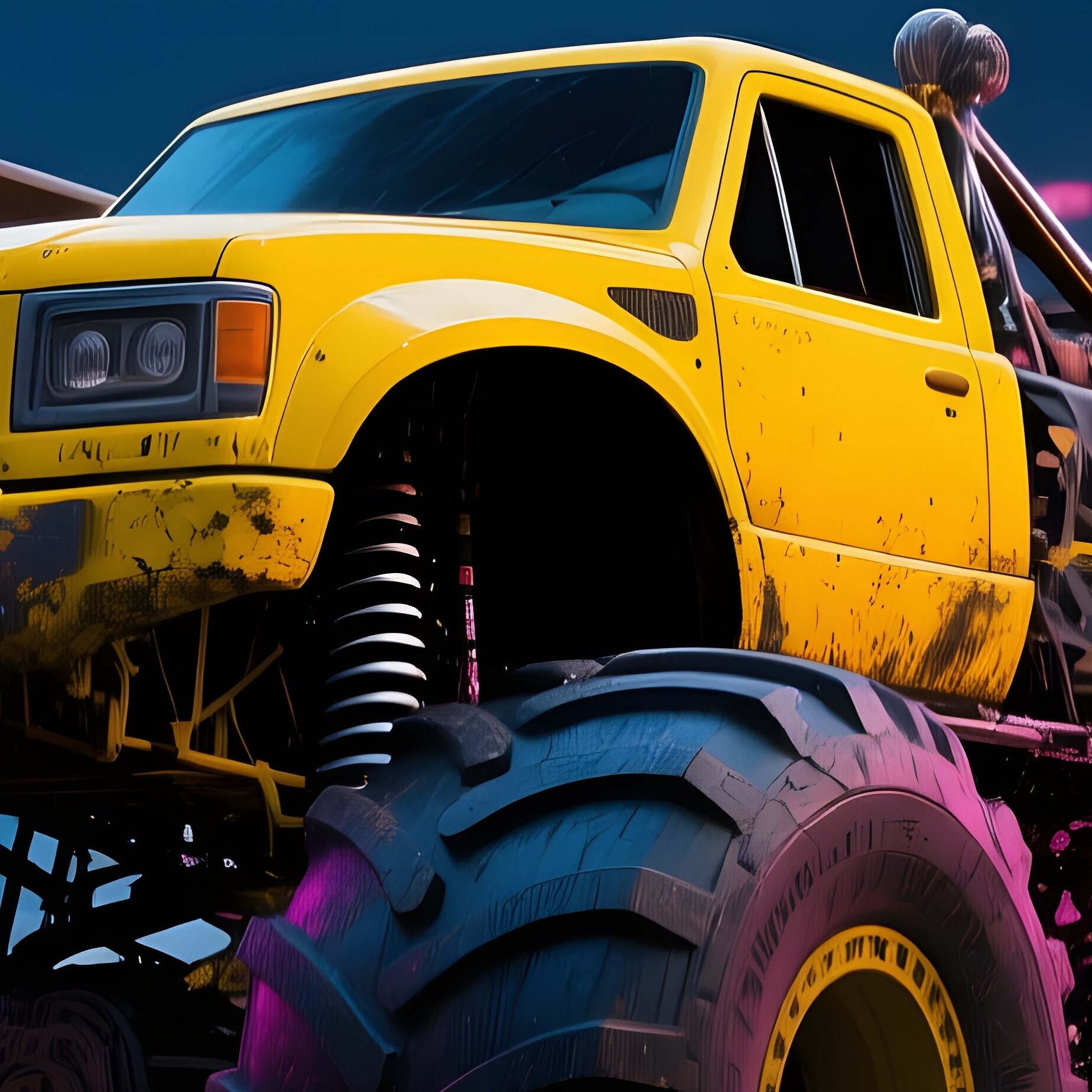 Yellow Monster Truck Dragging Steel Beams Across Flooded Arena - Full Resolution Quality Preview