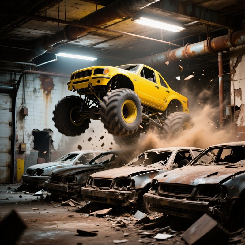 Yellow Monster Truck Jumping Over Car Hoods Abandoned Garage