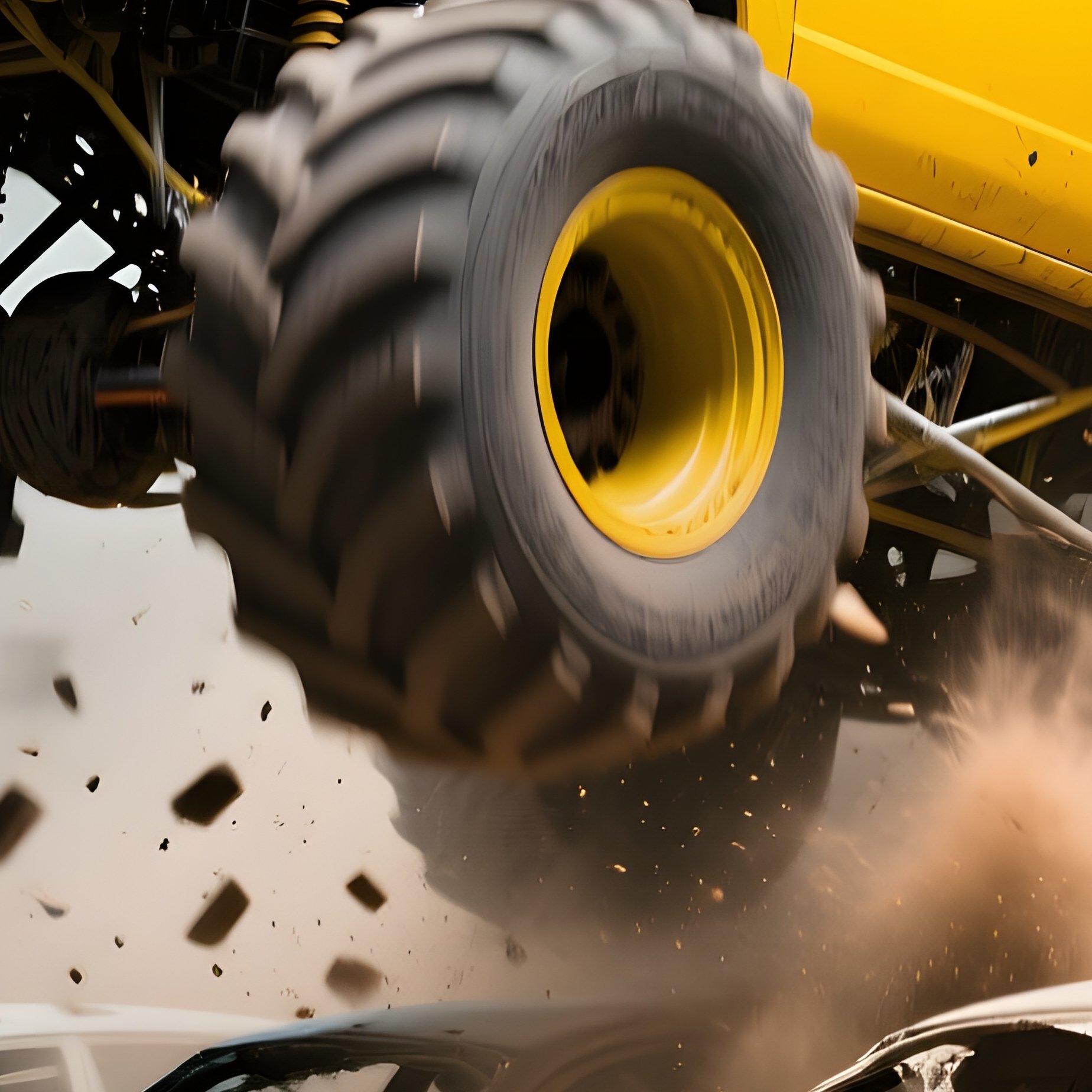 Yellow Monster Truck Jumping Over Car Hoods Abandoned Garage - Full Resolution Quality Preview