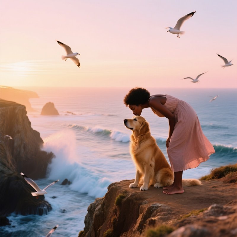 Young Black Woman Kissing Golden Retriever At Sunrise