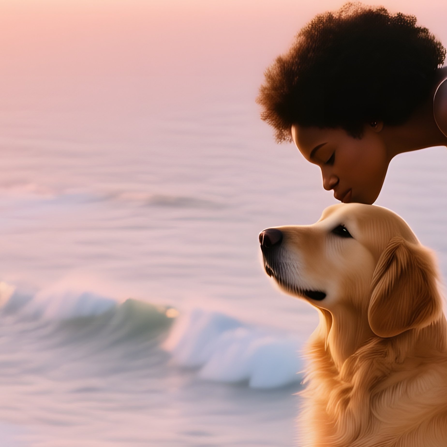 Young Black Woman Kissing Golden Retriever At Sunrise - Full Resolution Quality Preview