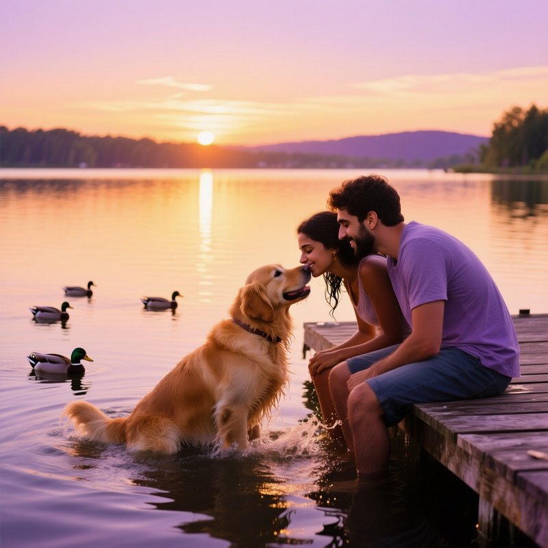 Young Mixed Race Couple Picnic Lake Dock Sunset