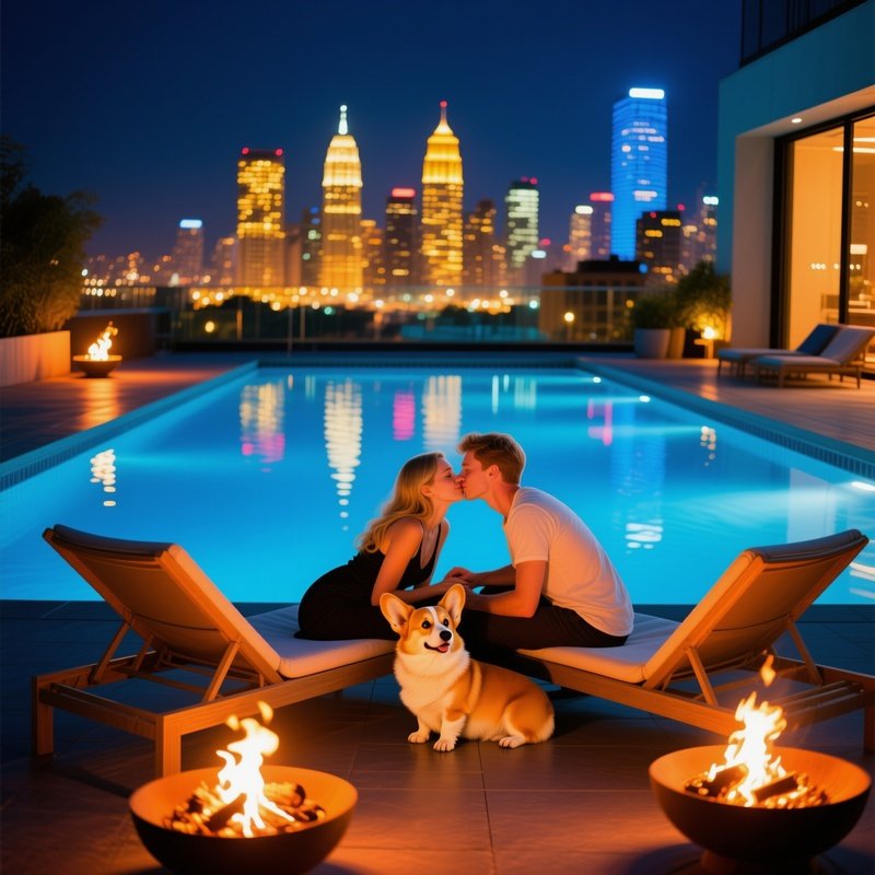 Young White Couple Rooftop Pool Night Kiss Corgi