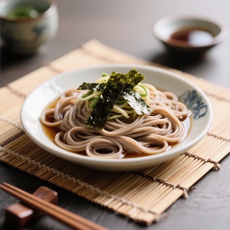Zaru Soba Featuring Cold Buckwheat Noodles Served On Bamboo Mat With Nori Strips