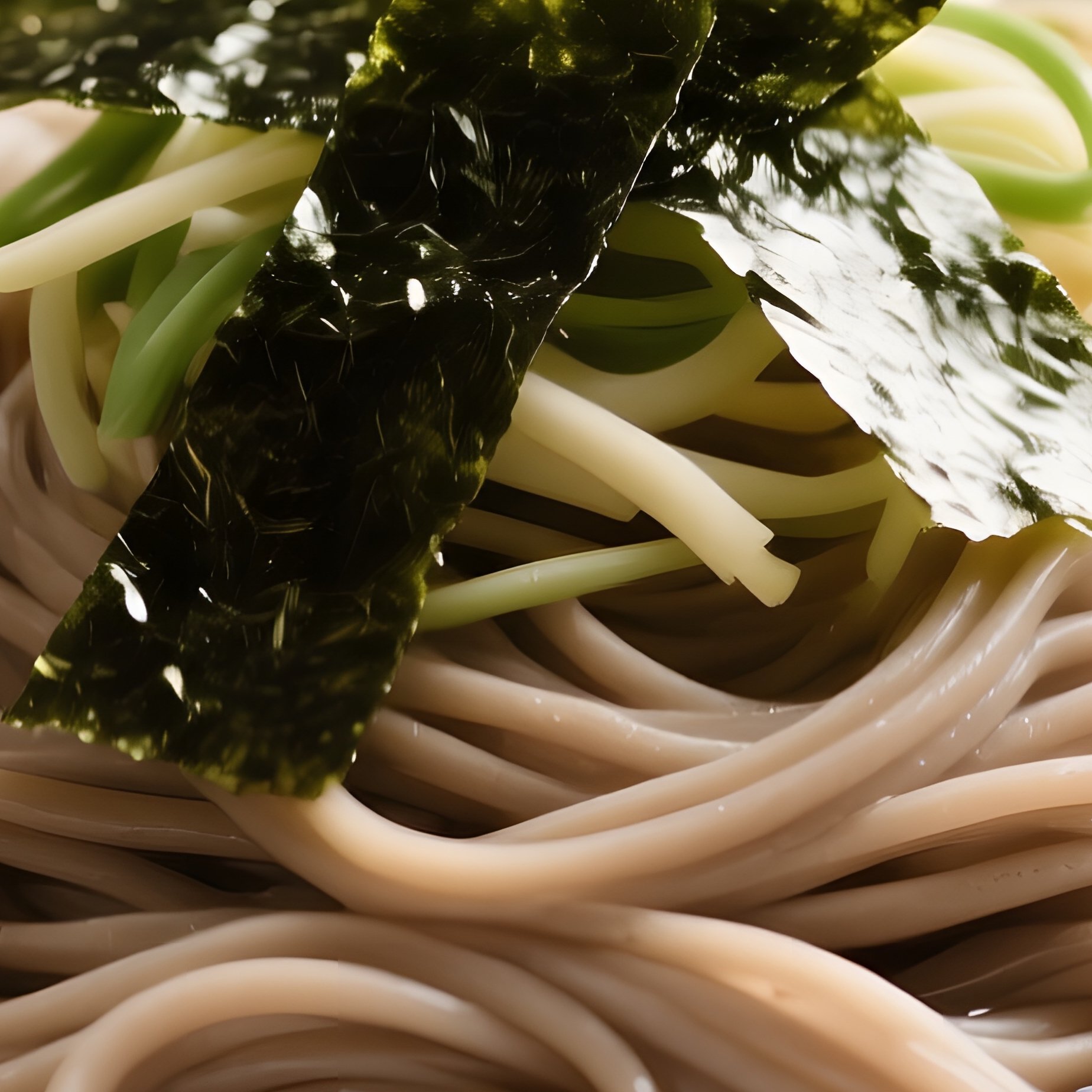 Zaru Soba Featuring Cold Buckwheat Noodles Served On Bamboo Mat With Nori Strips - Full Resolution Quality Preview