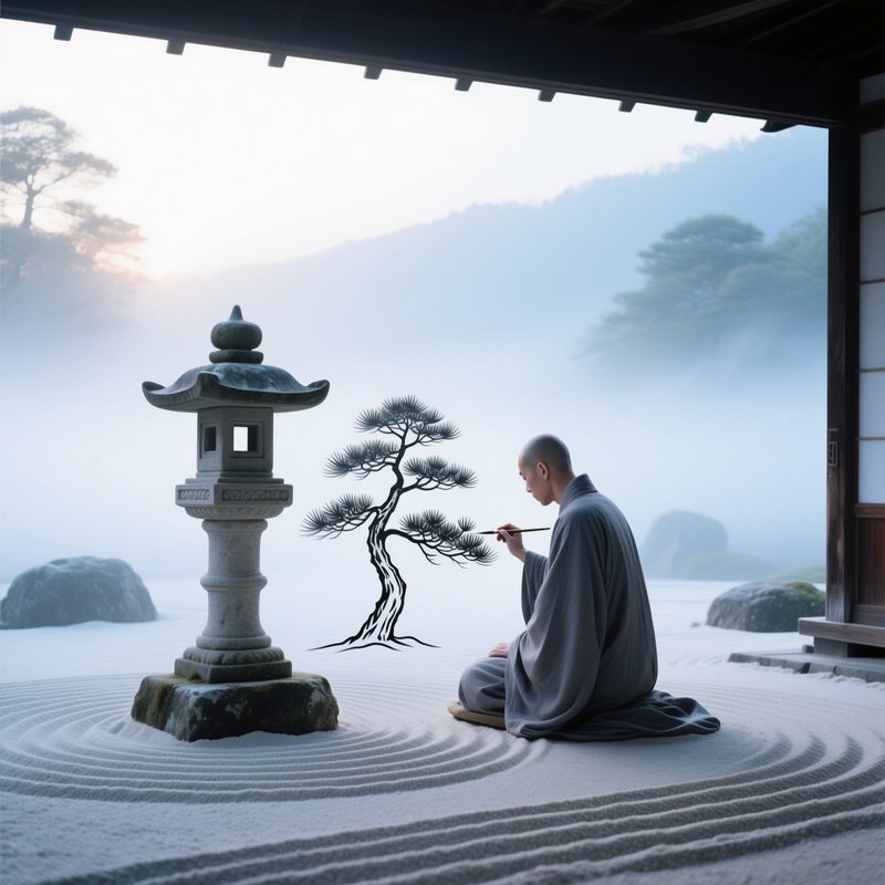 Zen Garden Dawn Mist Monk Painting Pine Tree