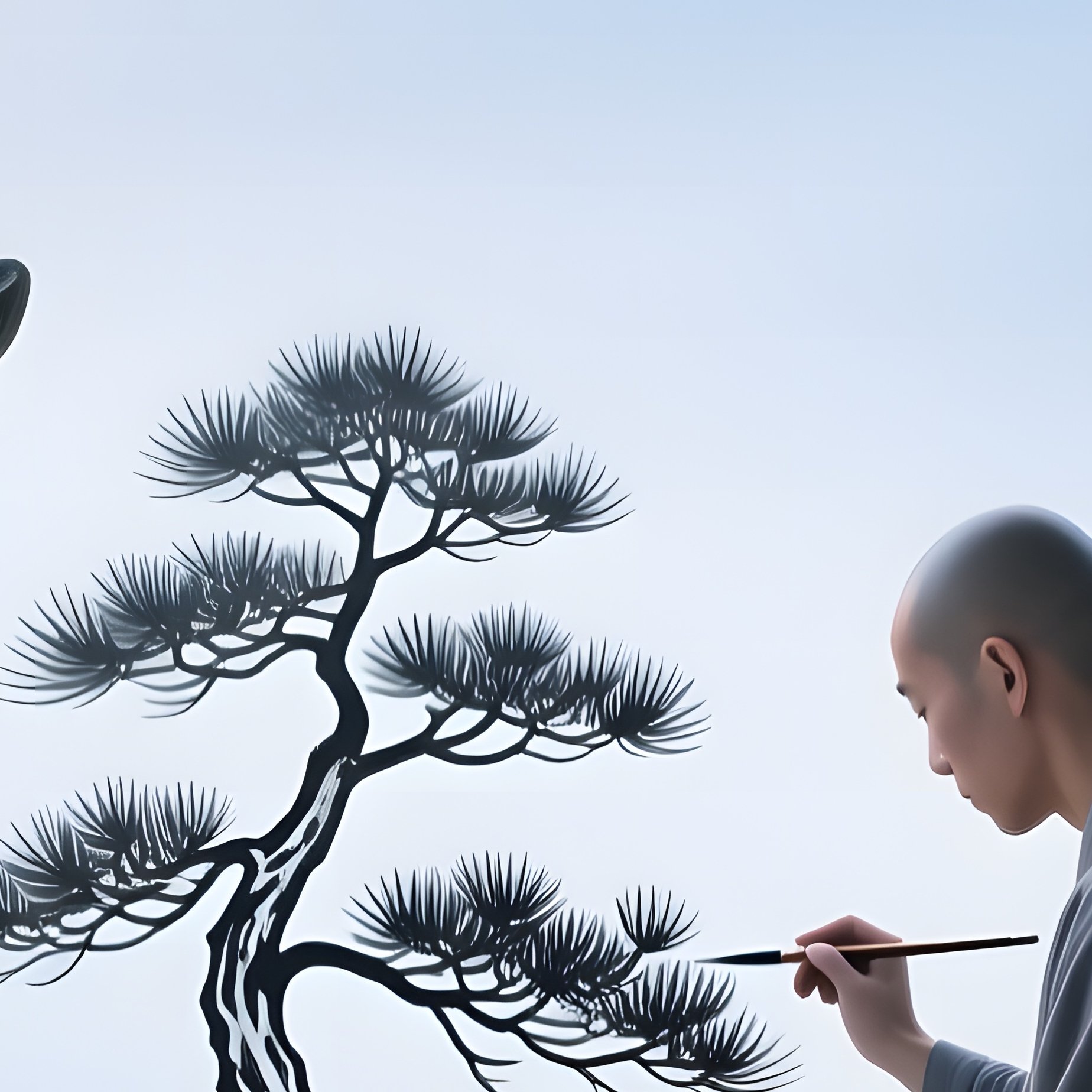 Zen Garden Dawn Mist Monk Painting Pine Tree - Full Resolution Quality Preview