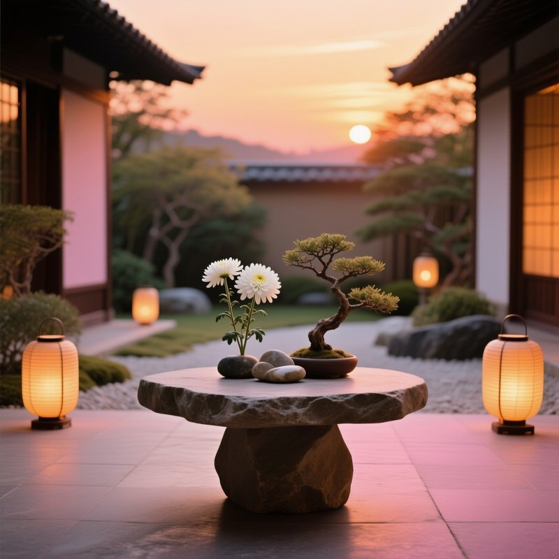 Zen Garden Sunset Lanterns Table Chrysanthemums