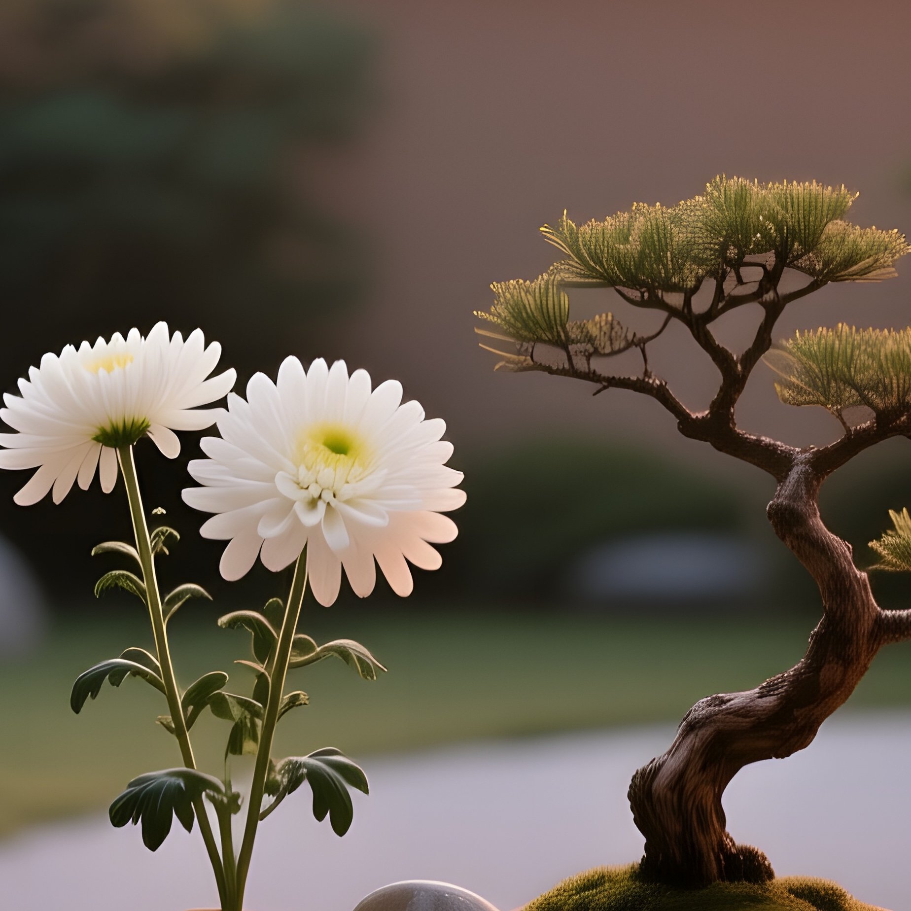 Zen Garden Sunset Lanterns Table Chrysanthemums - Full Resolution Quality Preview