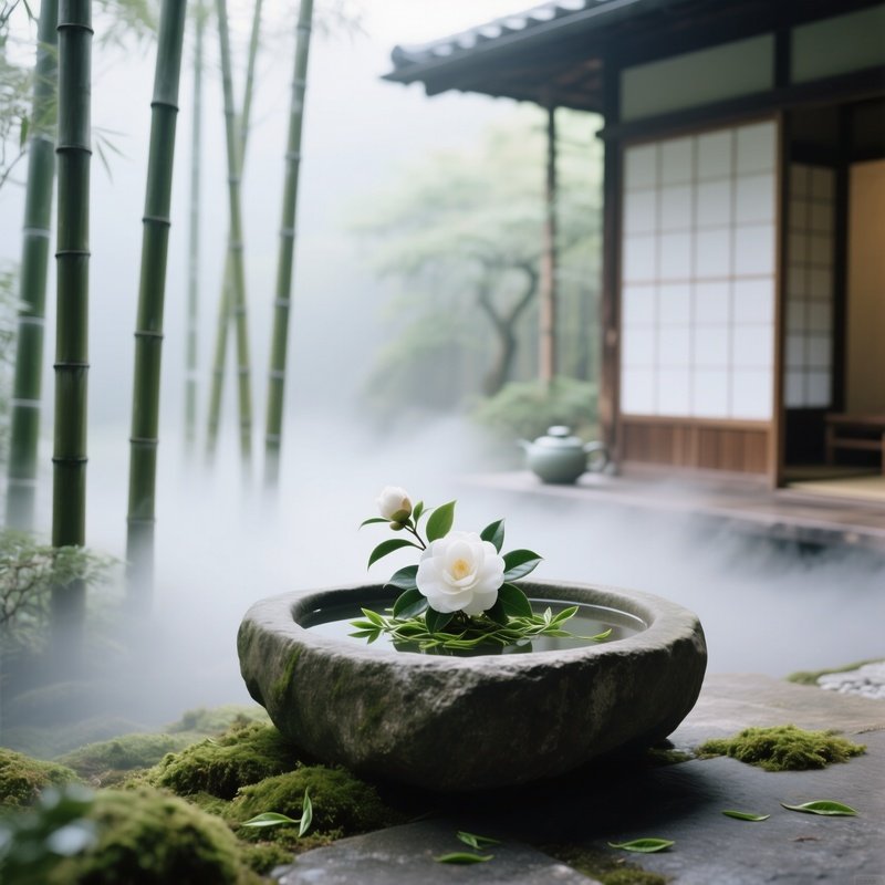Zen Tea House Patio Bamboo Basin Camellias Mist