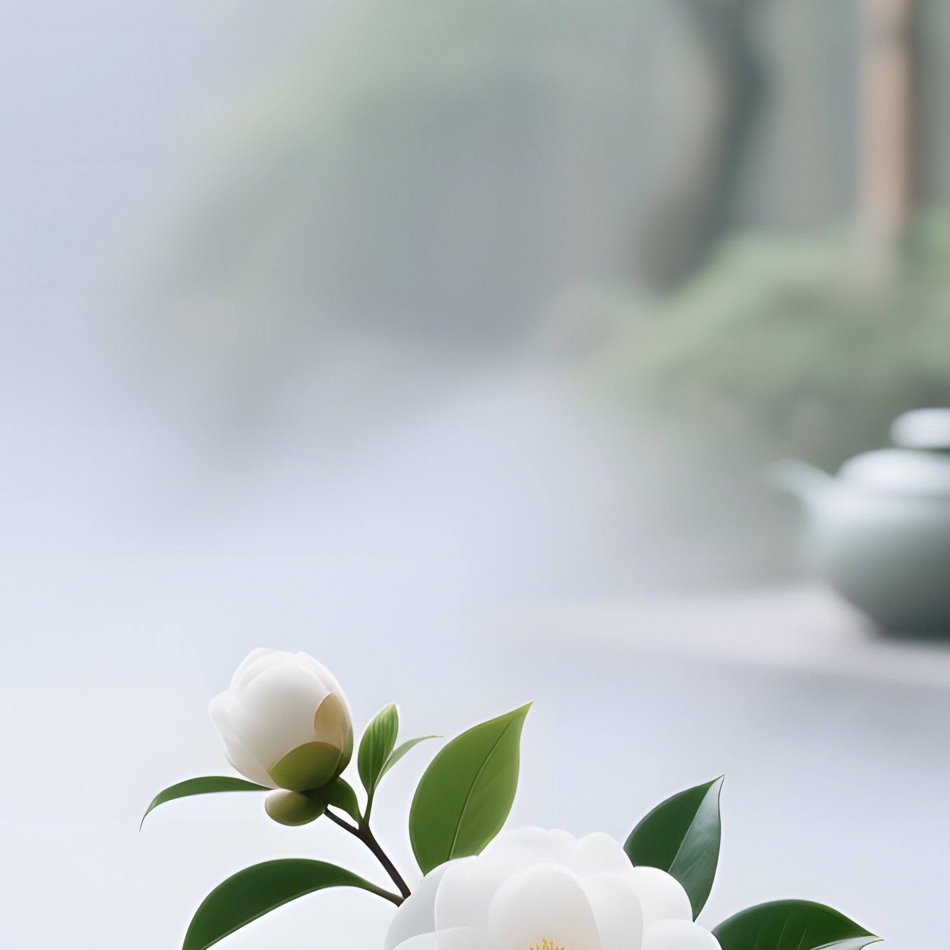 Zen Tea House Patio Bamboo Basin Camellias Mist - Full Resolution Quality Preview