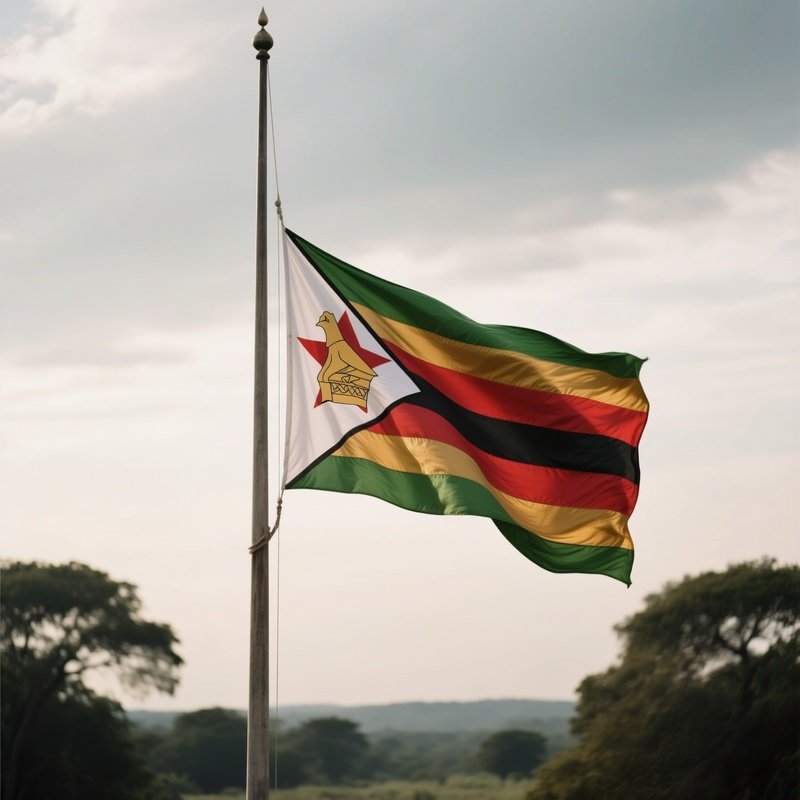 Zimbabwe Flag Half Mast Wind Soft Light